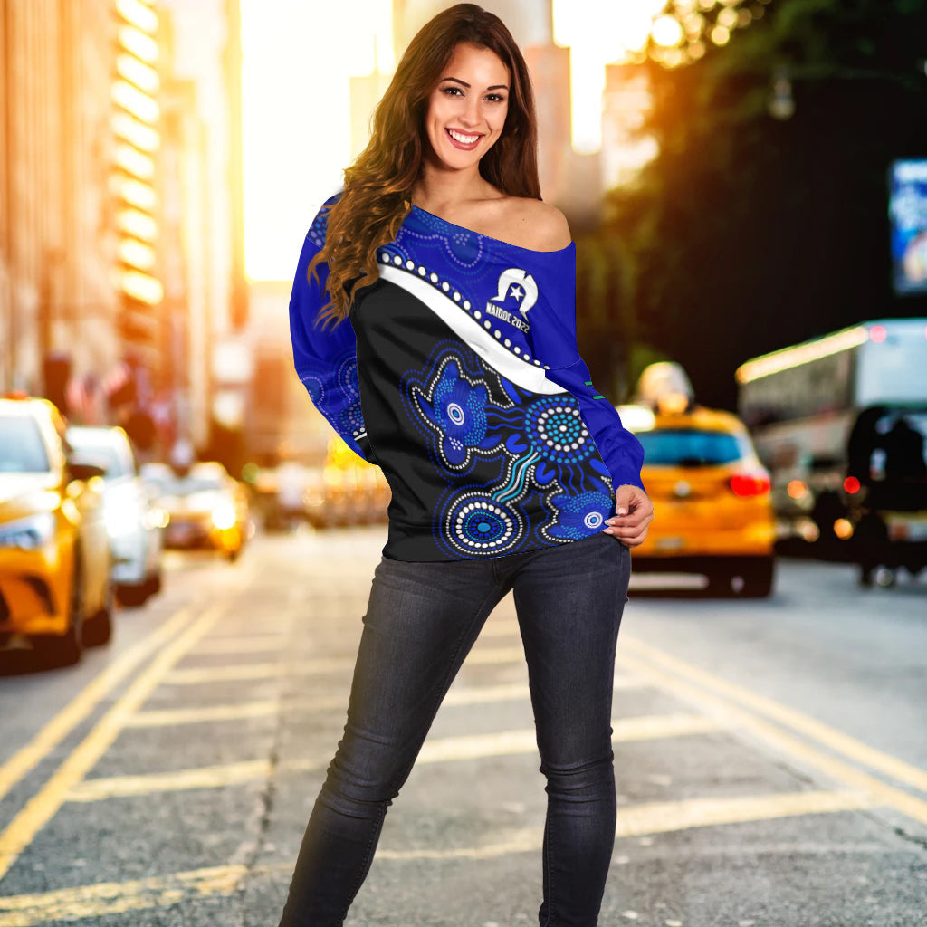 NAIDOC Week 2022 Women Off Shoulder Sweater Torres Strait Islander Version Blue Aboriginal Turtles LT13