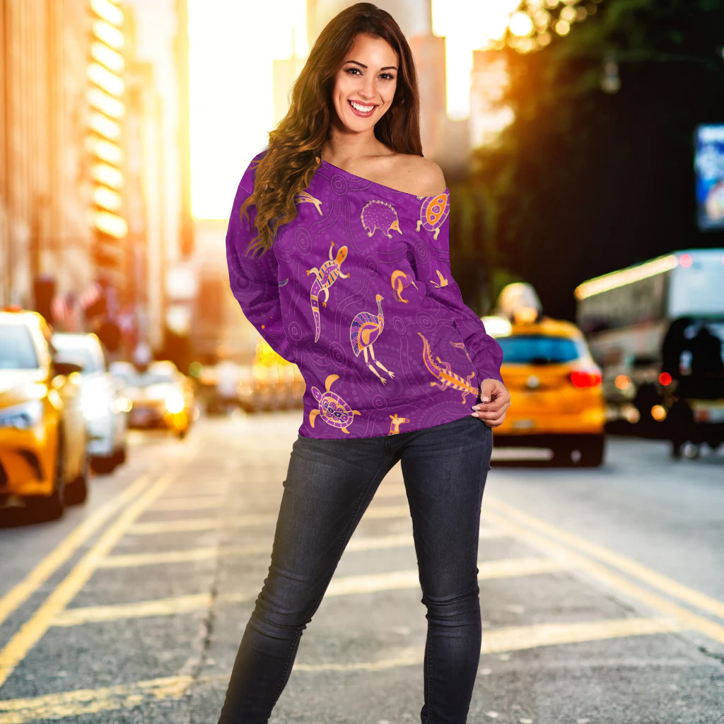 custom-personalised-aboriginal-art-off-shoulder-sweater-animals-australia-version-purple