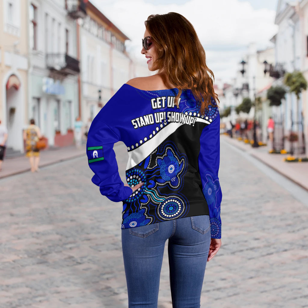 NAIDOC Week 2022 Women Off Shoulder Sweater Torres Strait Islander Version Blue Aboriginal Turtles LT13
