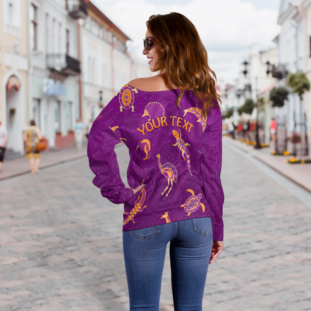 custom-personalised-aboriginal-art-off-shoulder-sweater-animals-australia-version-purple