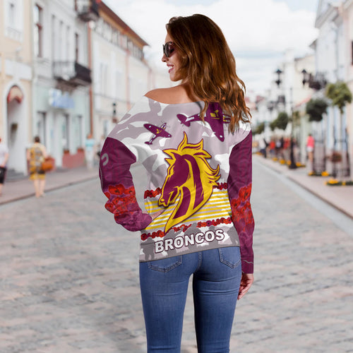 Broncos Anzac Day Women Off Shoulder Sweater Aboriginal Lest We Forget Ver.02 LT13