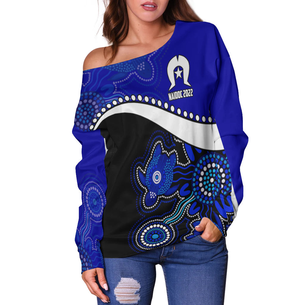 NAIDOC Week 2022 Women Off Shoulder Sweater Torres Strait Islander Version Blue Aboriginal Turtles LT13