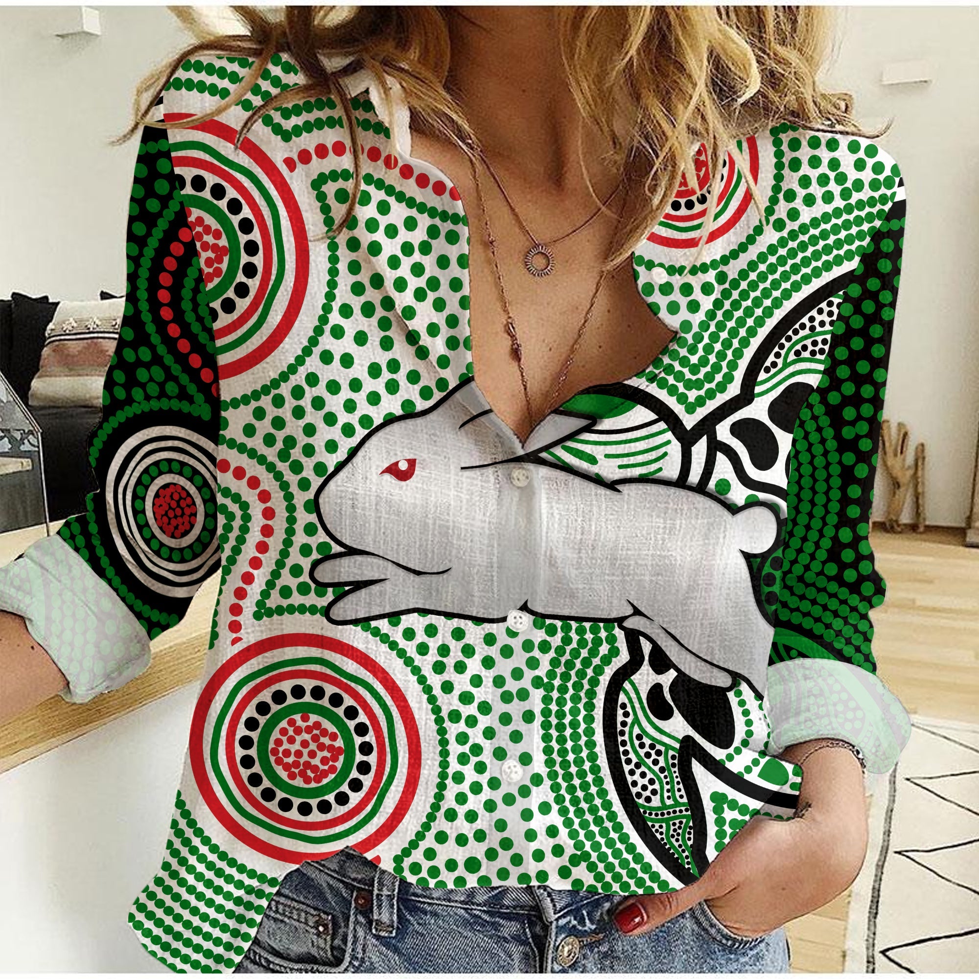 custom-personalised-rabbitohs-indigenous-women-casual-shirt-simple-white
