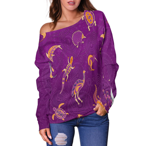 custom-personalised-aboriginal-art-off-shoulder-sweater-animals-australia-version-purple