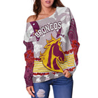 Broncos Anzac Day Women Off Shoulder Sweater Aboriginal Lest We Forget Ver.02 LT13