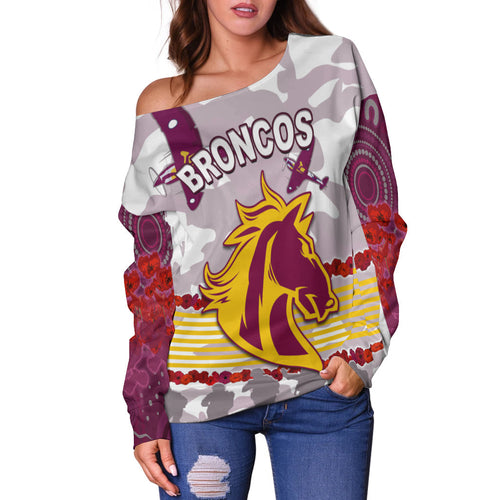 Broncos Anzac Day Women Off Shoulder Sweater Aboriginal Lest We Forget Ver.02 LT13