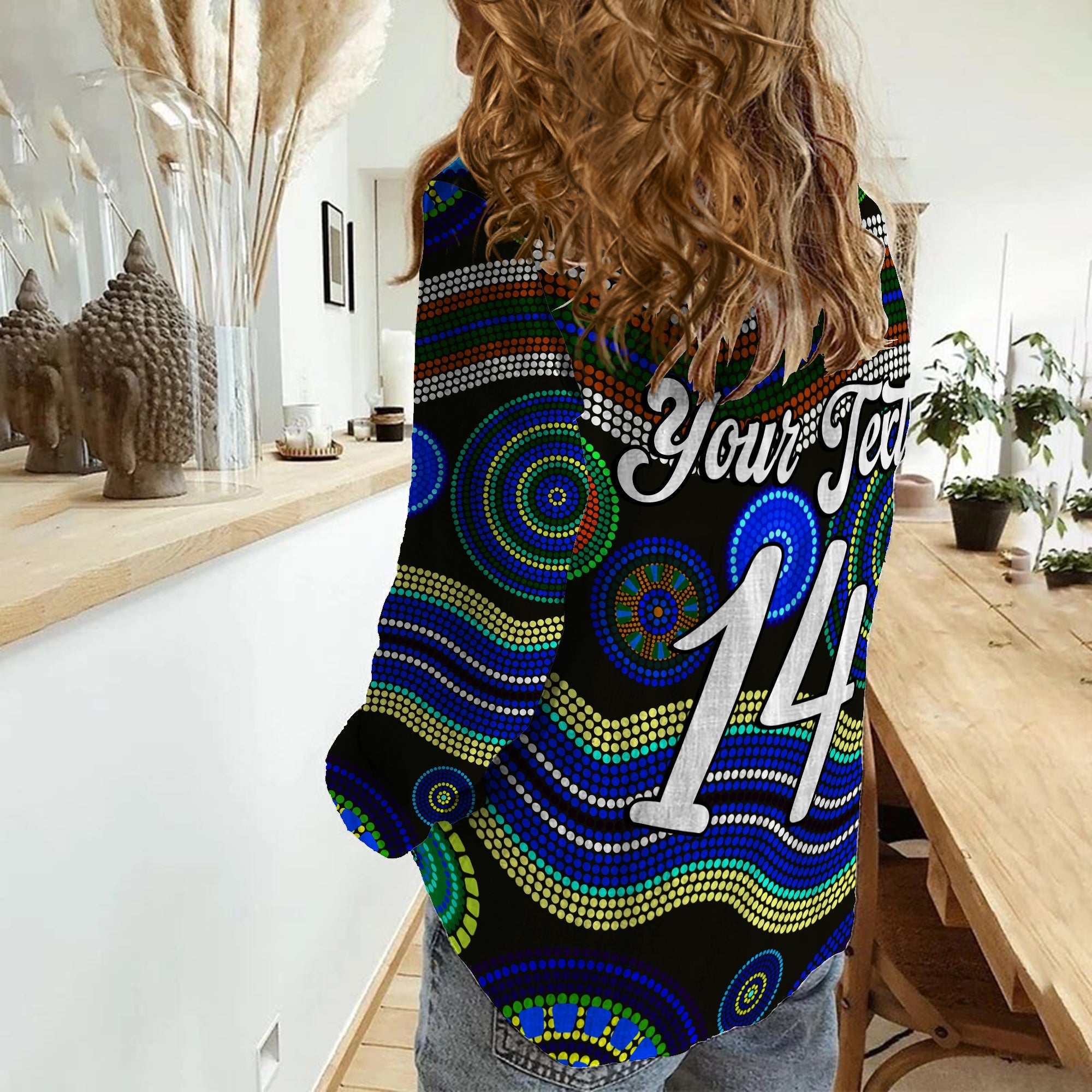 custom-text-and-number-women-casual-shirt-aboriginal-dot-unique-style-blue