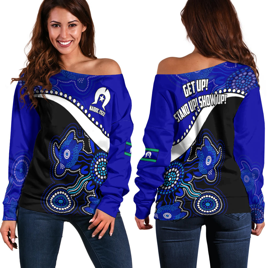 NAIDOC Week 2022 Women Off Shoulder Sweater Torres Strait Islander Version Blue Aboriginal Turtles LT13