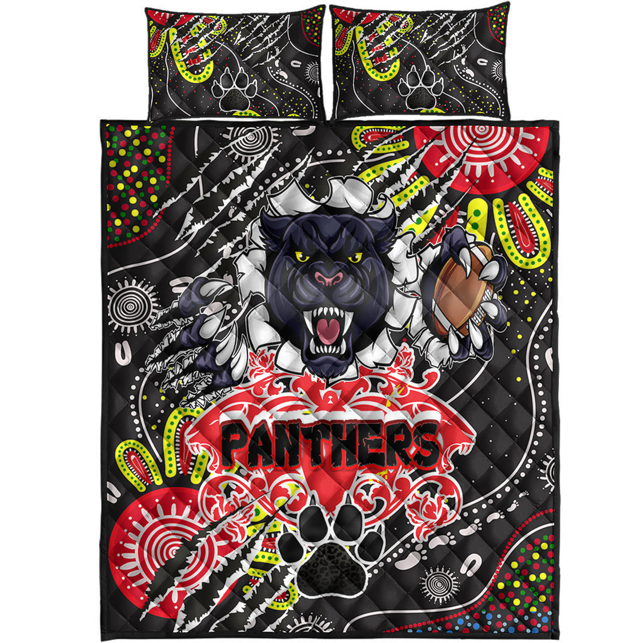 panthers-rugby-aboriginal-quilt-bed-set-indigenous-super-black-panthers-scratch-style