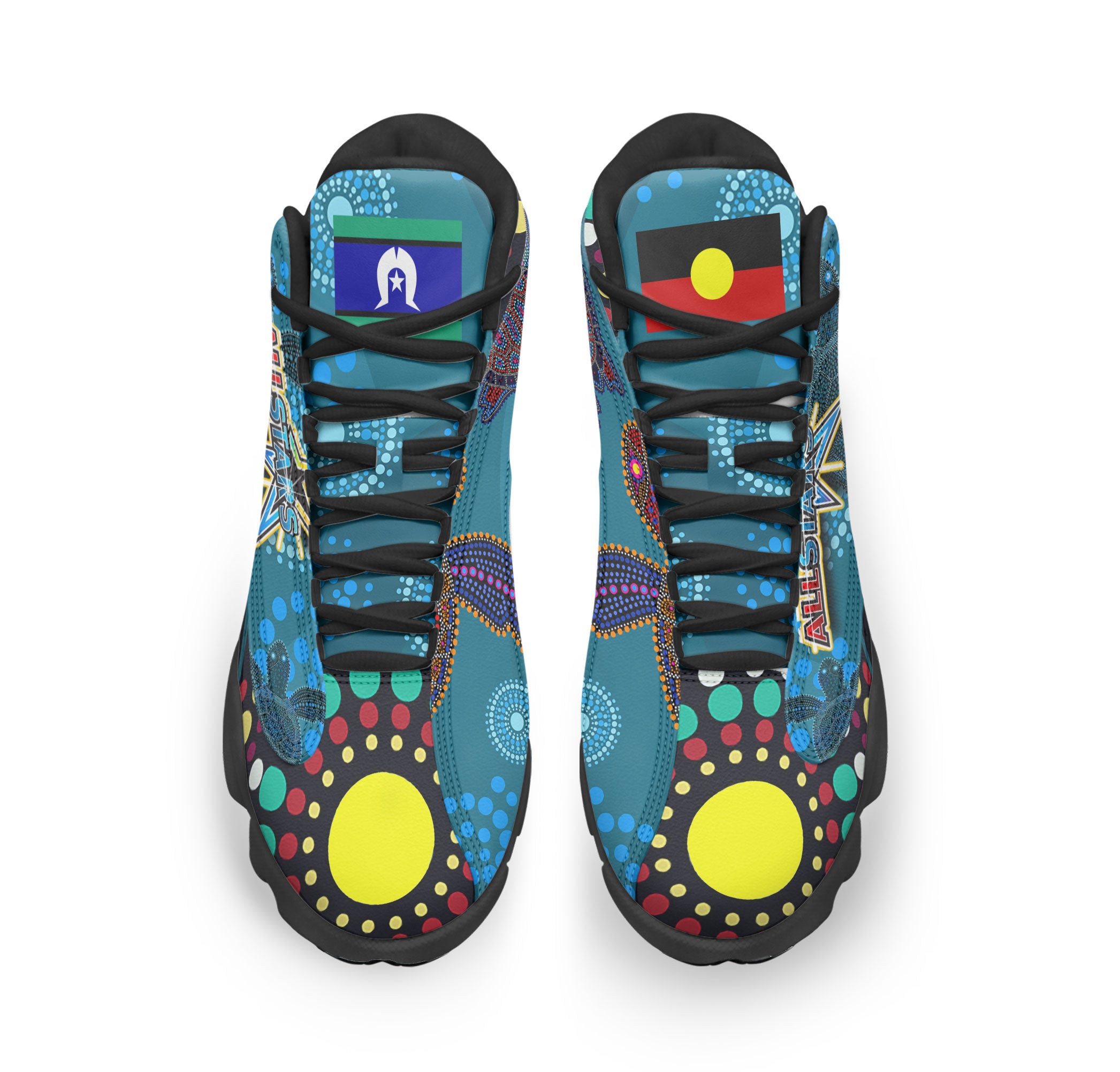 indigenous-all-stars-rugby-high-top-basketball-shoes-j13-custom-dreamtime-turtle-with-aboriginal-dot-painting-art-sneakers-j13