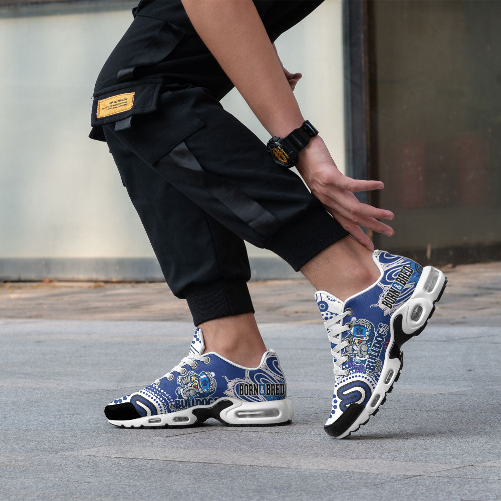 bulldogs-rugby-born-bred-cushion-shoes-custom-indigenous-bulldogs-with-rugby-ball-and-aboriginal-patterns