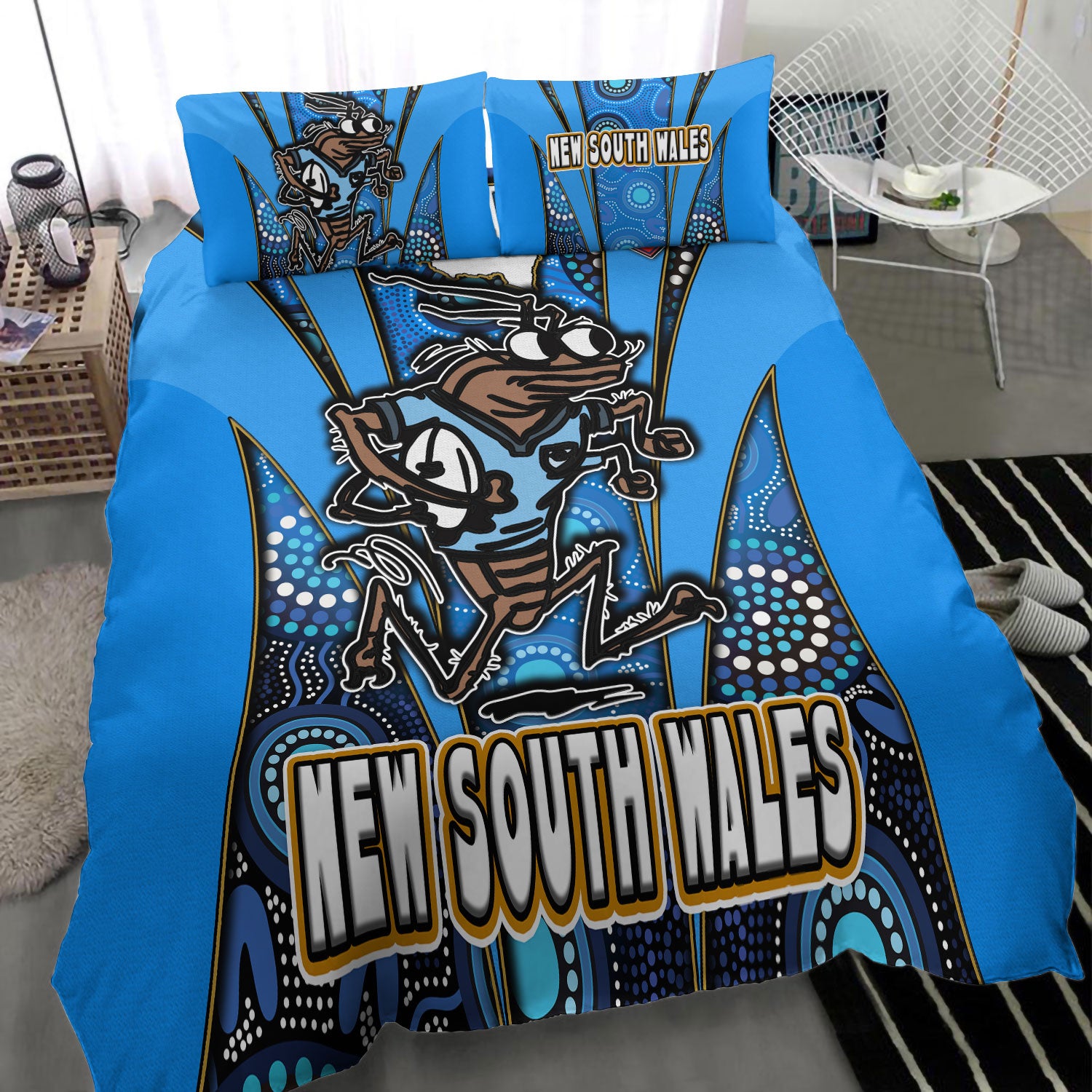 new-south-wales-rugby-league-team-bedding-set-new-south-wales-blues-mascot-with-aboriginal-art-state-of-origin-bedding-set