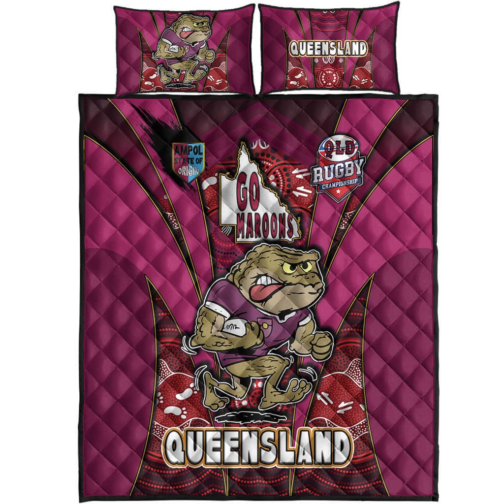 queensland-rugby-league-team-quilt-bed-set-queensland-maroons-mascot-with-aboriginal-art-state-of-origin-quilt-bed-set