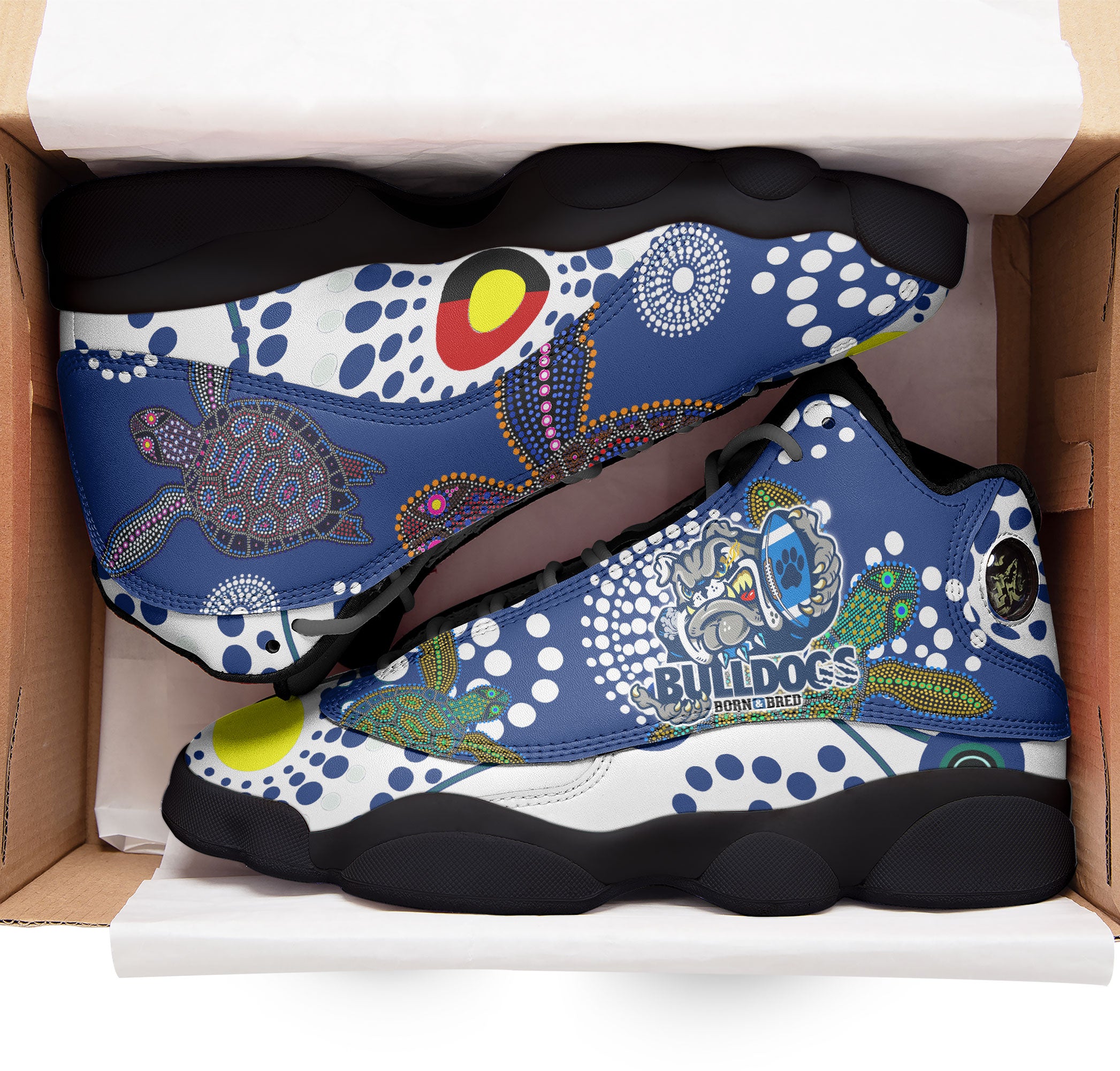 bulldogs-rugby-born-bred-high-top-basketball-shoes-j13-custom-indigenous-bulldogs-with-rugby-ball-and-aboriginal-patterns