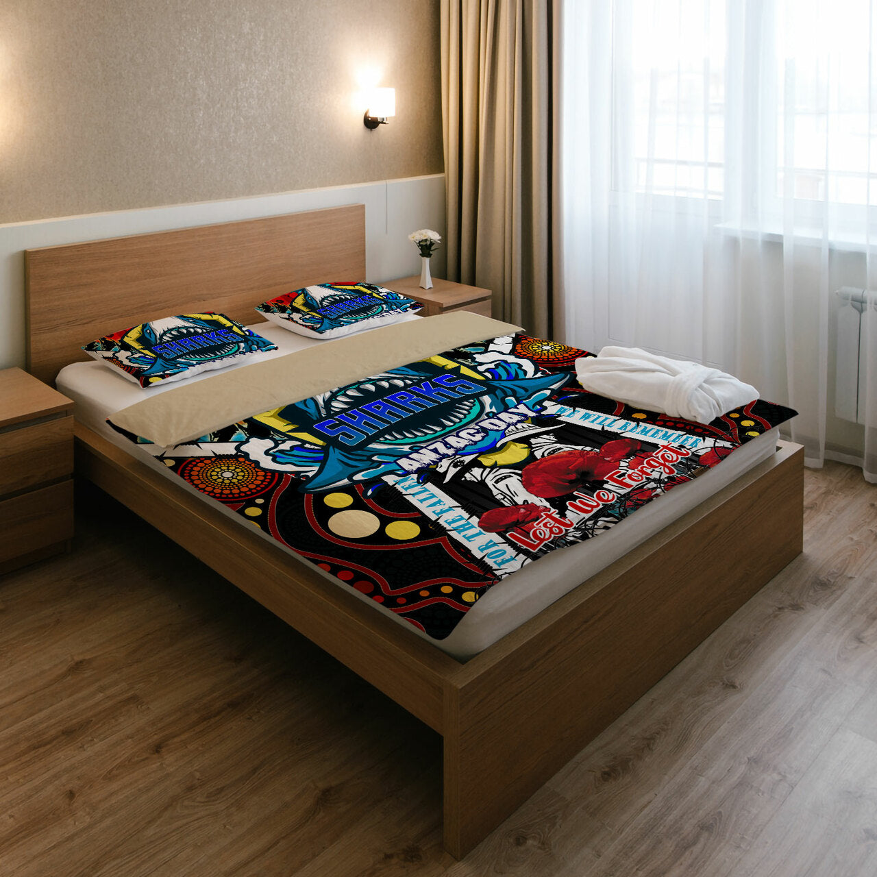 sharks-rugby-anzac-day-watercolour-custom-bedding-set-remembrance-cronulla-sutherland-sharks-with-poppy-flower