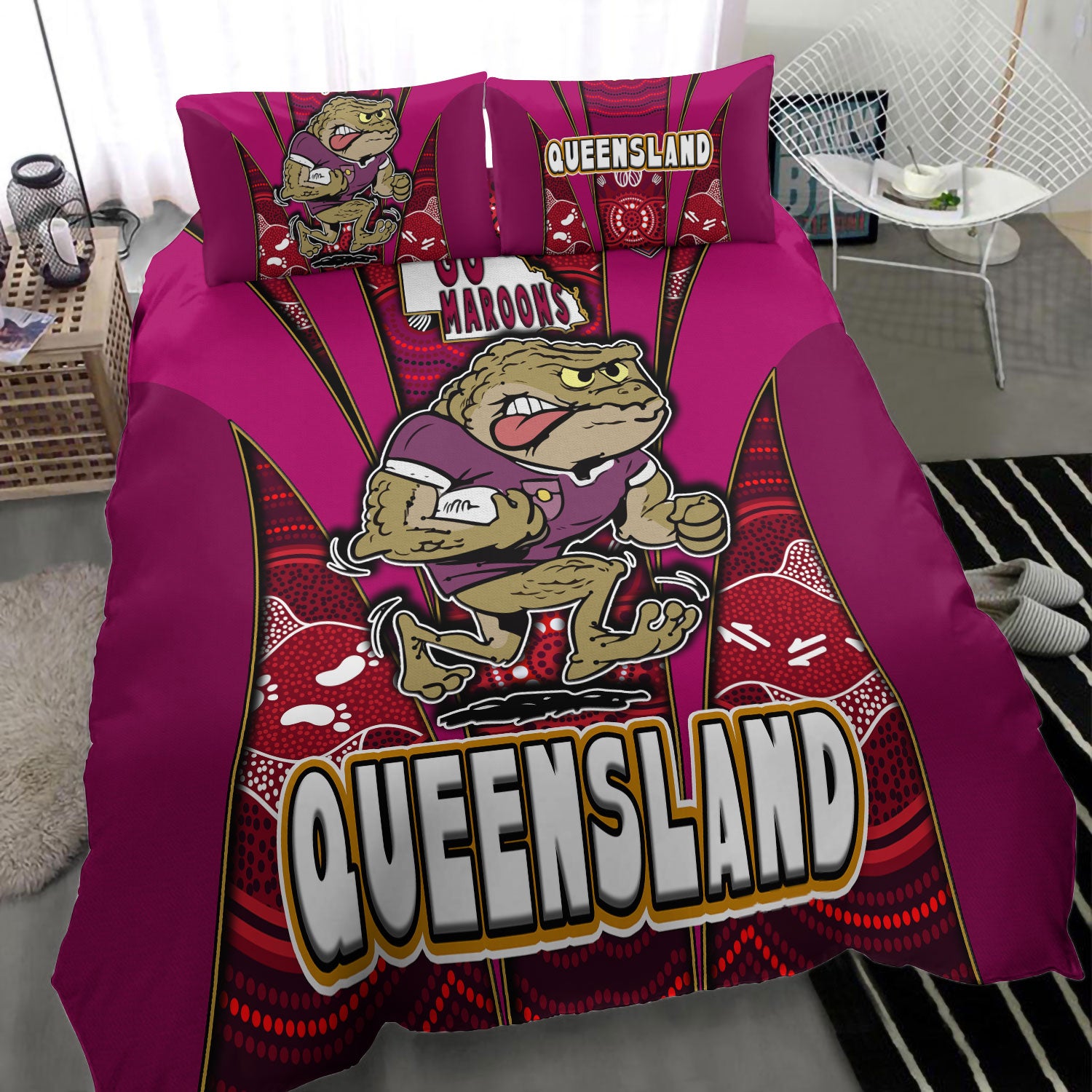 queensland-rugby-league-team-bedding-set-queensland-maroons-mascot-with-aboriginal-art-state-of-origin-bedding-set