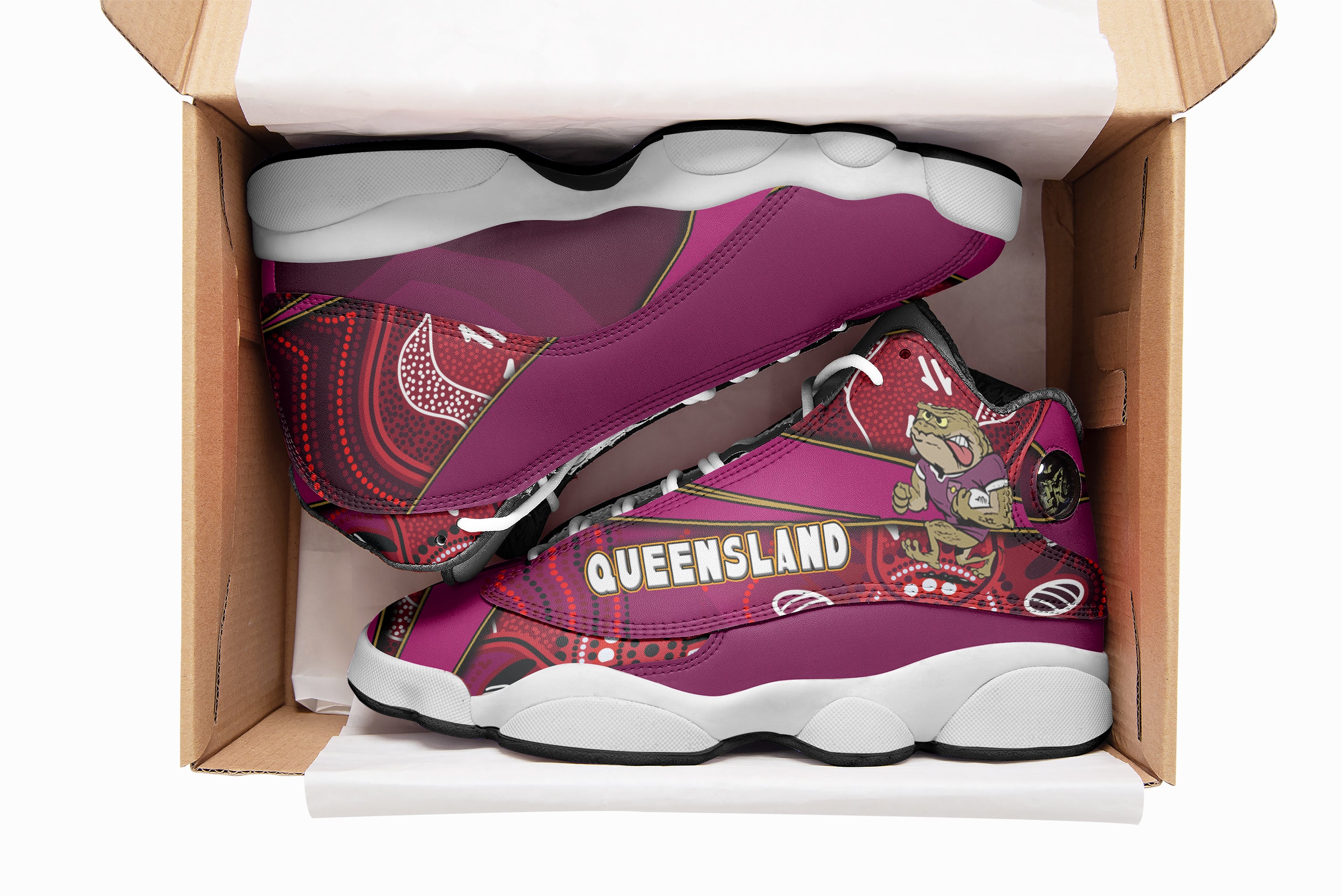 queensland-rugby-league-team-high-top-basketball-shoes-j13-queensland-maroons-mascot-aboriginal-art-state-of-origin-sneakers-j13