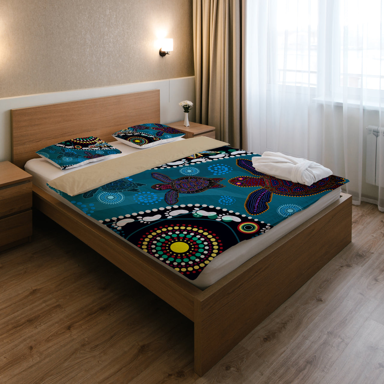 indigenous-all-stars-rugby-custom-bedding-set-dreamtime-turtle-with-aboriginal-and-torres-strait-islanders-flag