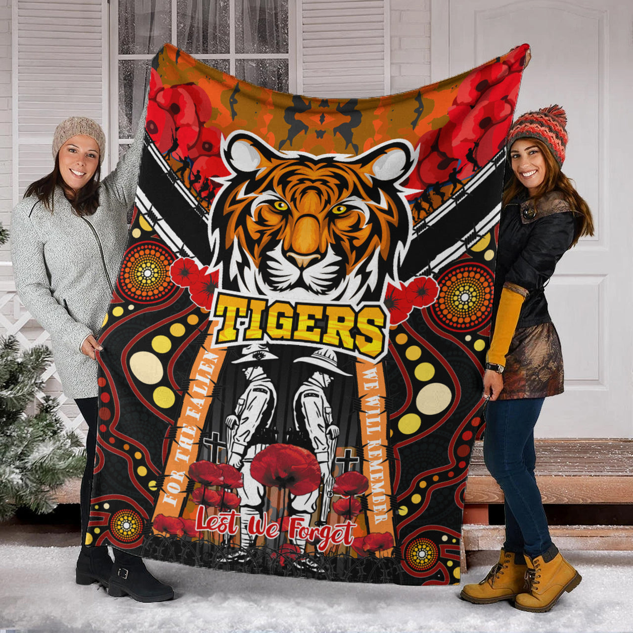 tigers-rugby-anzac-day-watercolour-blanket-custom-remembrance-west-tigers-with-poppy-flower