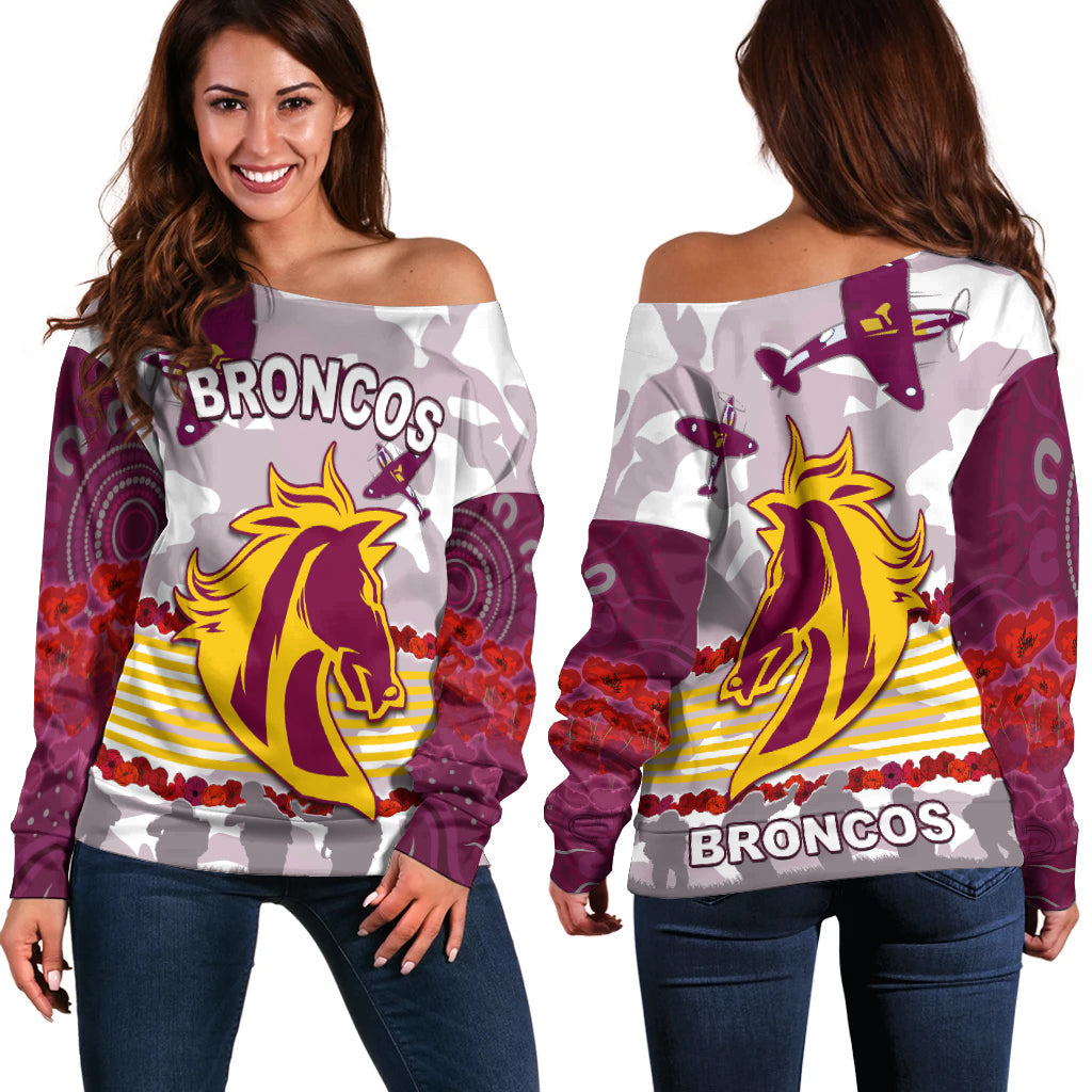 Broncos Anzac Day Women Off Shoulder Sweater Aboriginal Lest We Forget Ver.02 LT13