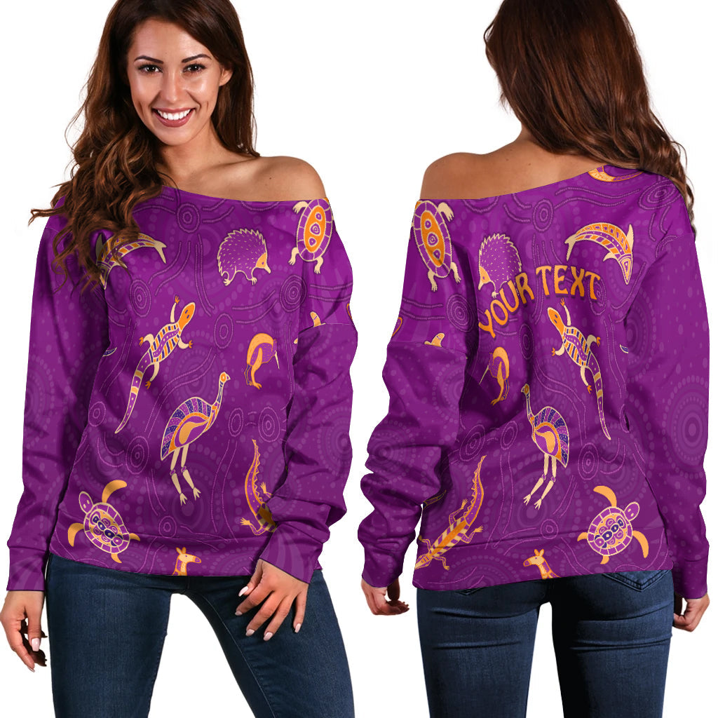 custom-personalised-aboriginal-art-off-shoulder-sweater-animals-australia-version-purple