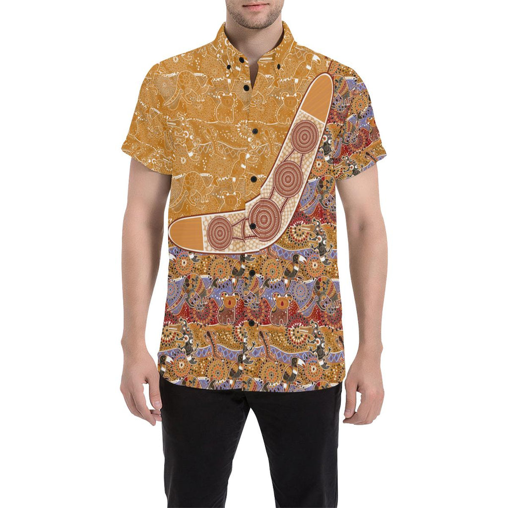 aboriginal-short-sleeve-shirt-boomerang-lizard-kangaroo-koala-crocodile-arts