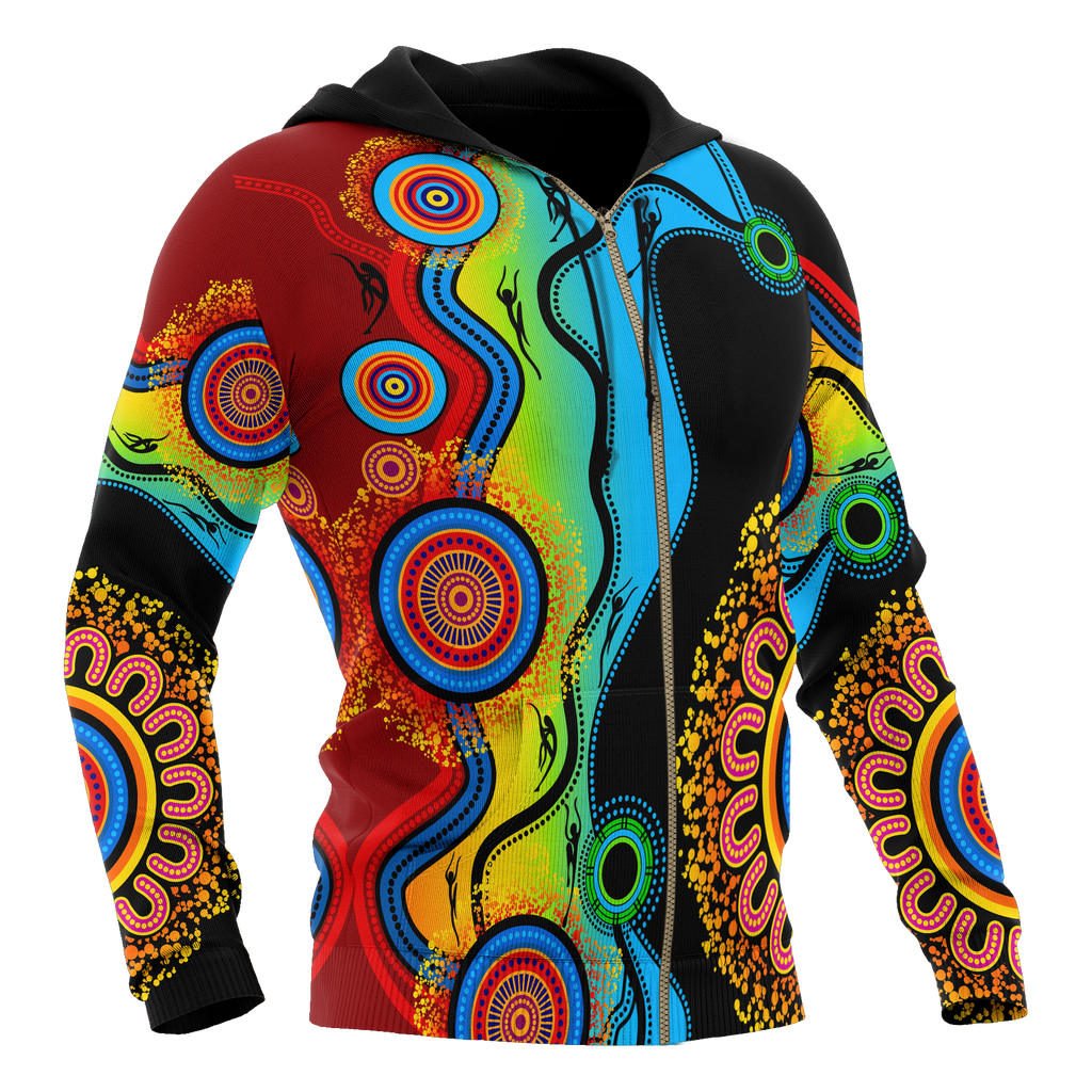 aboriginal-zip-up-hoodie-circle-dot-painting-flowers-patterns-blue-dream