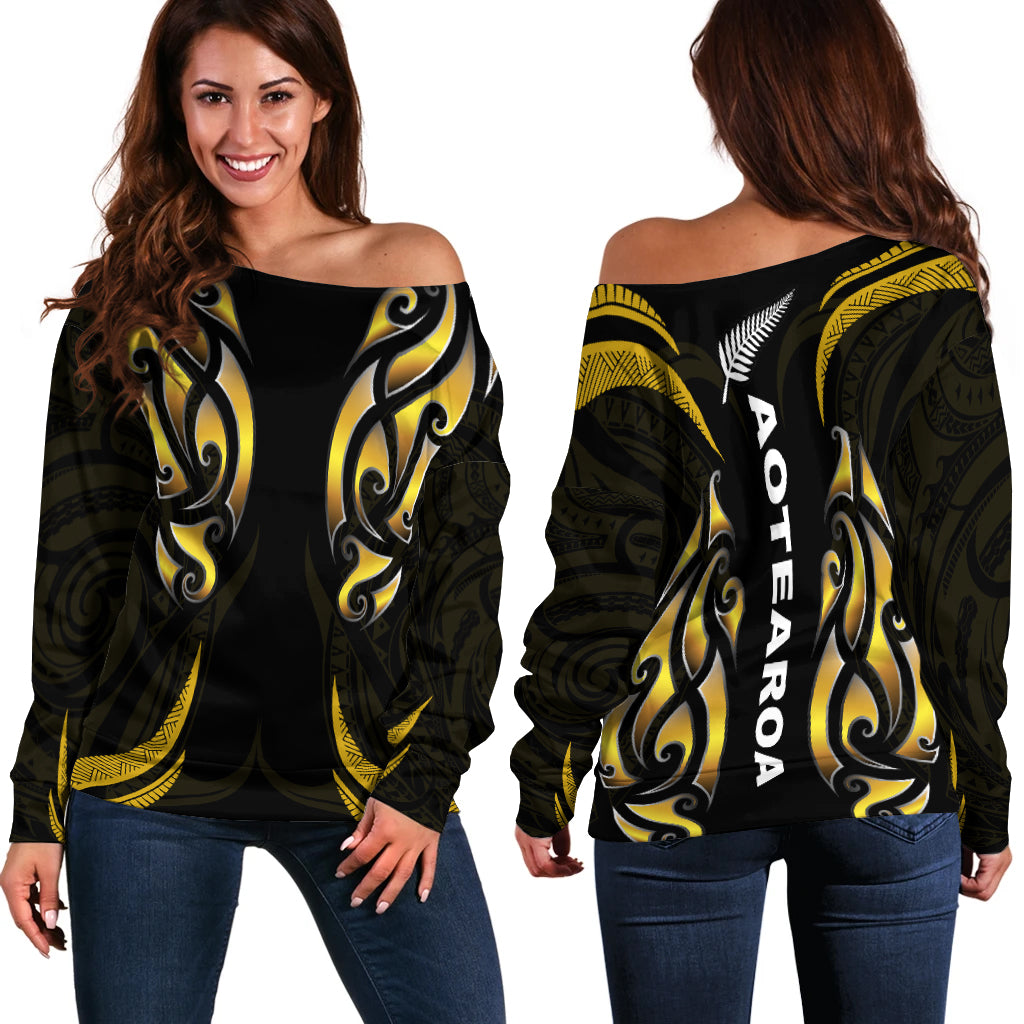 New Zealand Maori Off Shoulder Sweater Simple Love Gold - Vibe Hoodie