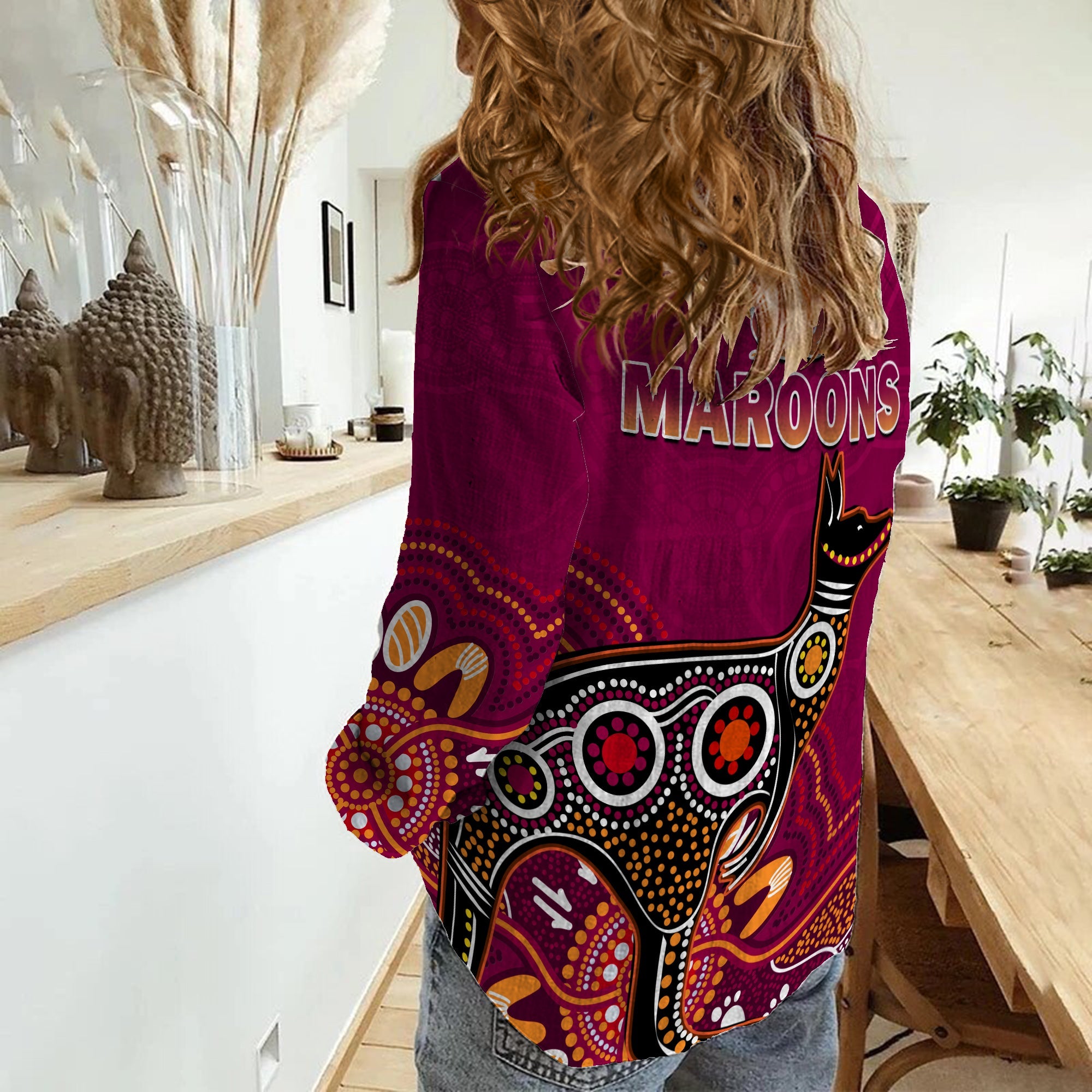 maroons-rugby-women-casual-shirt-queensland-kangaroo-aboriginal-dot-paintings
