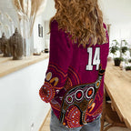 custom-text-and-number-maroons-rugby-women-casual-shirt-queensland-kangaroo-aboriginal-dot-paintings