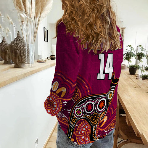 custom-text-and-number-maroons-rugby-women-casual-shirt-queensland-kangaroo-aboriginal-dot-paintings