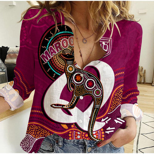 custom-text-and-number-maroons-rugby-women-casual-shirt-queensland-kangaroo-aboriginal-dot-paintings