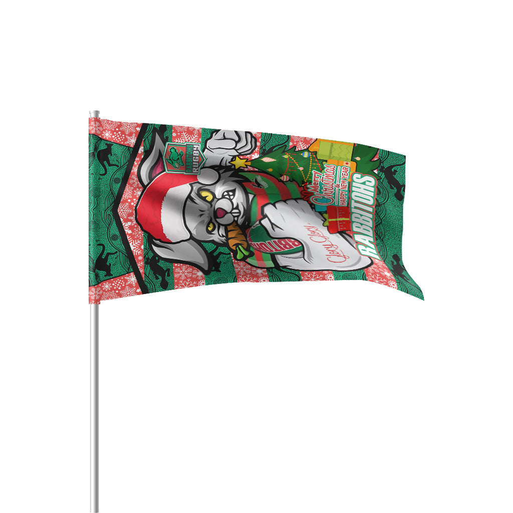 rabbitohs-christmas-rugby-custom-flag-merry-christmas-super-rabbitohs-with-rugby-ball-and-aboriginal-patterns-flag