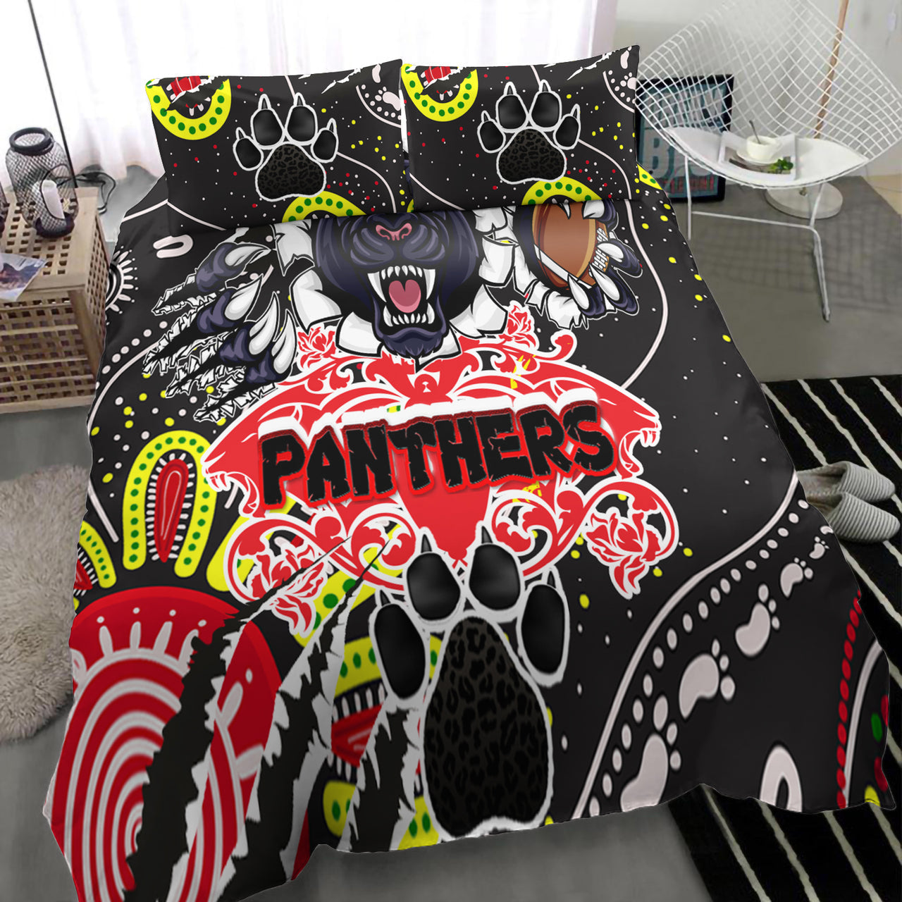 panthers-rugby-aboriginal-bedding-set-indigenous-super-black-panthers-scratch-style
