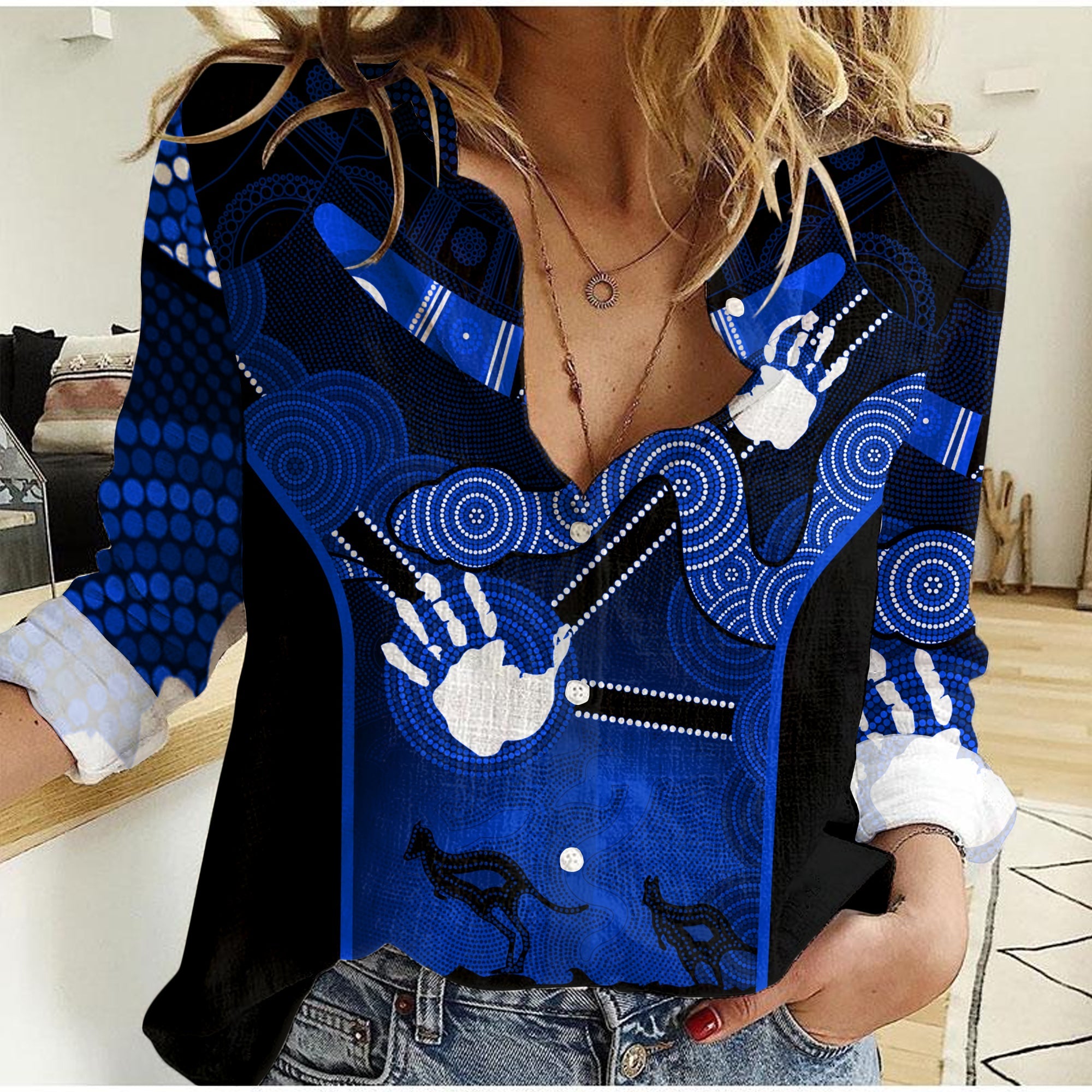 women-casual-shirt-aboriginal-australian-boomerang-and-snake-indigenous-art-ver02