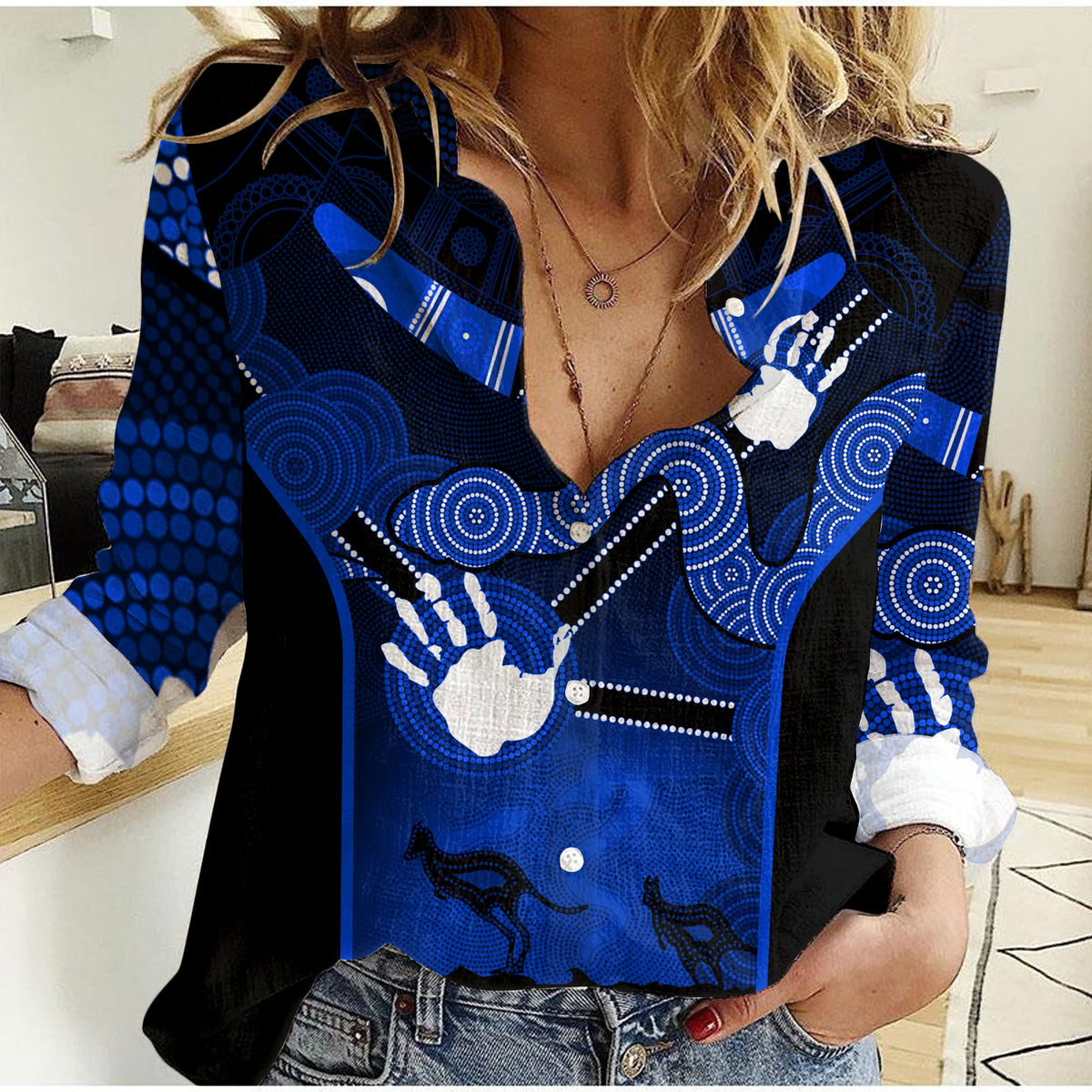 women-casual-shirt-aboriginal-australian-boomerang-and-snake-indigenous-art-ver02