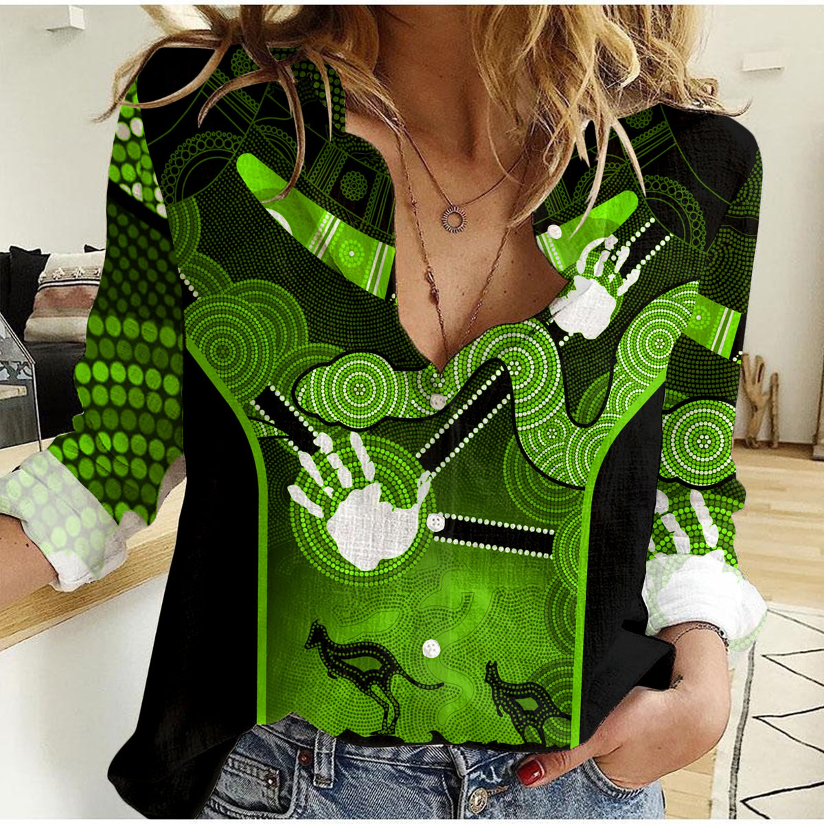 women-casual-shirt-aboriginal-australian-boomerang-and-snake-indigenous-art-ver03
