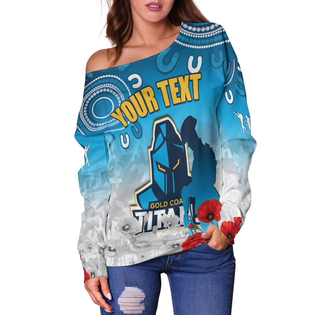 (Custom Personalised) Titans Anzac 2022 Women Off Shoulder Sweater Gold Coast Aboriginal White Camouflage LT13