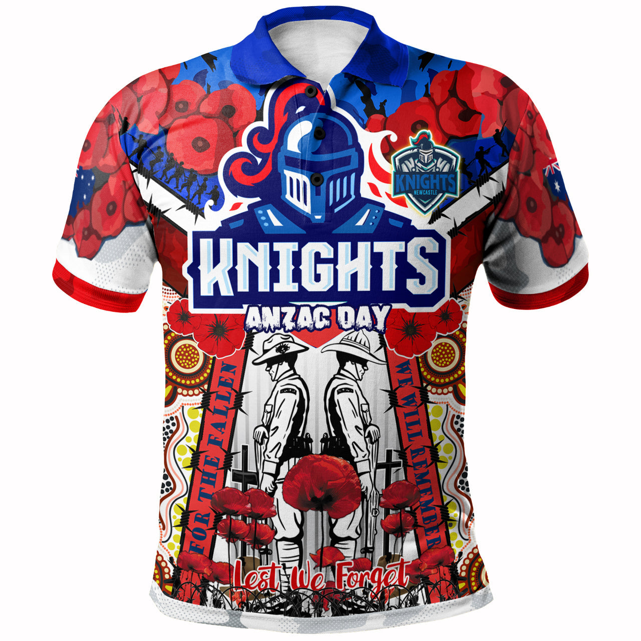 knights-rugby-anzac-custom-watercolour-polo-shirt-remembrance-indigenous-newcastle-knights-with-poppy-flower-home-and-away-1