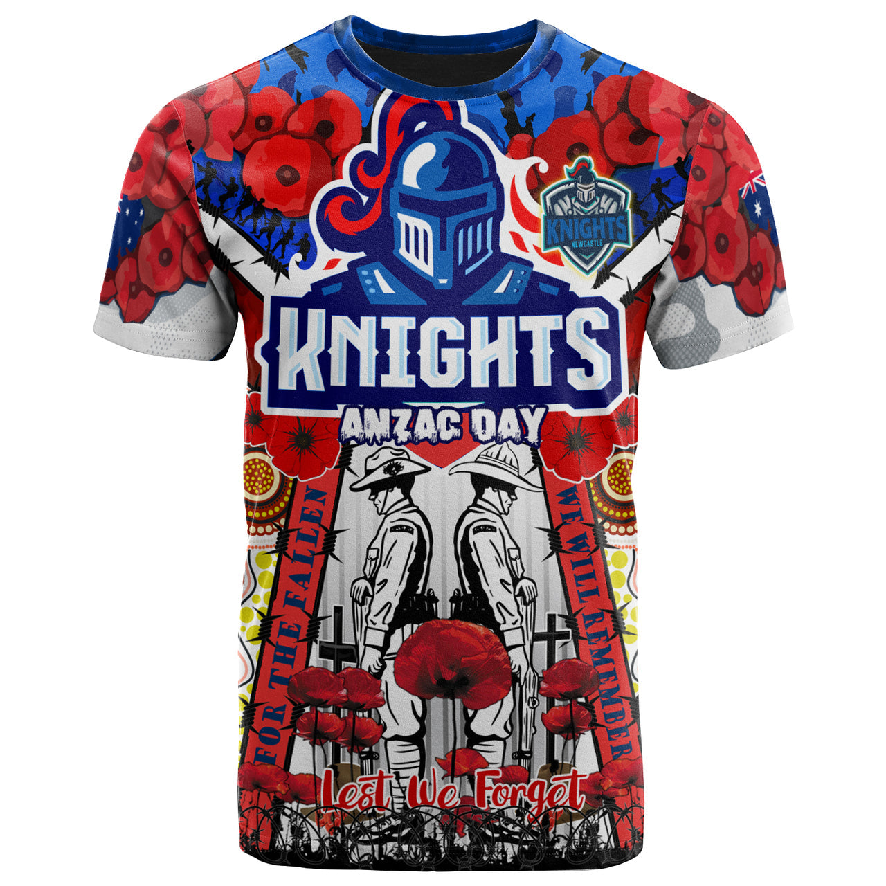 knights-rugby-anzac-custom-watercolour-t-shirt-remembrance-indigenous-newcastle-knights-with-poppy-flower-home-and-away
