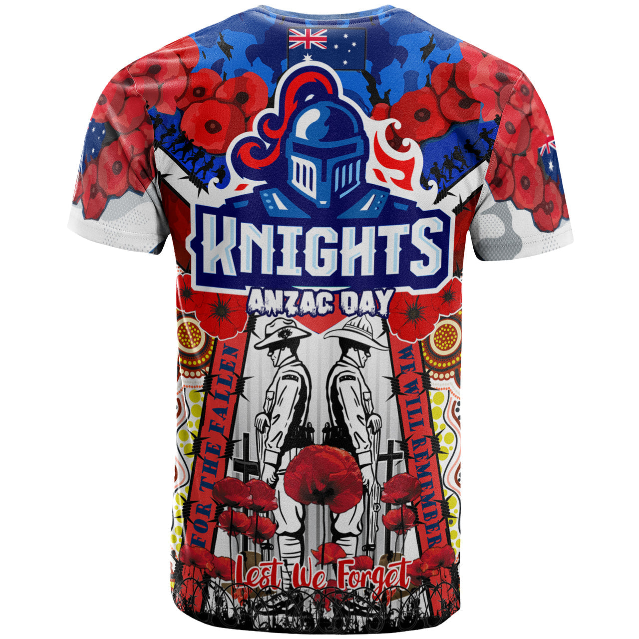 knights-rugby-anzac-custom-watercolour-t-shirt-remembrance-indigenous-newcastle-knights-with-poppy-flower-home-and-away