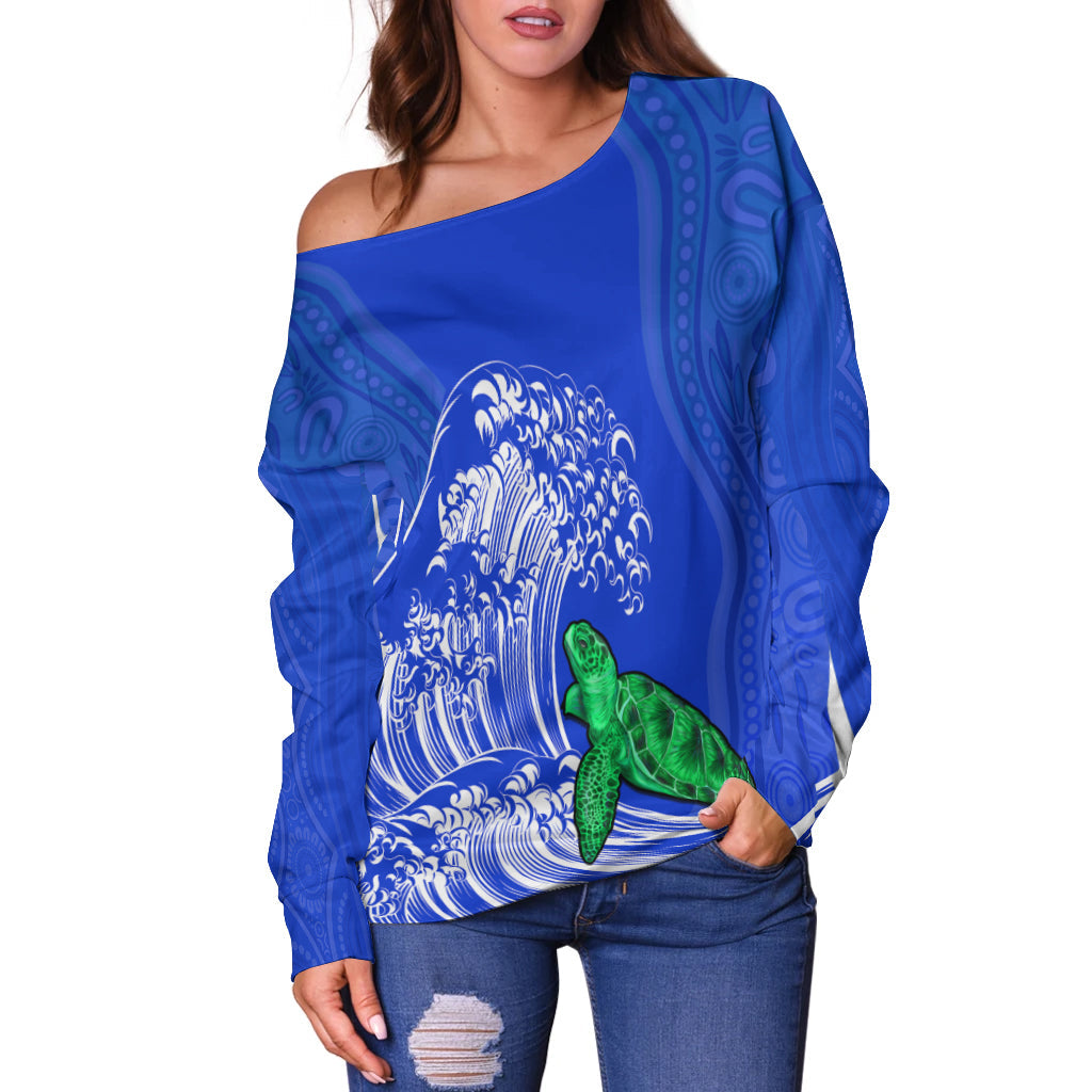 custom-personalised-torres-strait-islands-off-shoulder-sweater-the-dhari-mix-aboriginal-turtle-version-blue