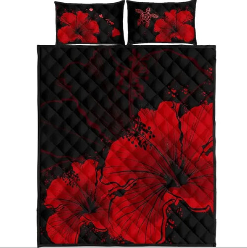 vibe-hoodie-home-set-hawaii-hibiscus-black-and-red-quilt-bed-set-hw01-rlt20