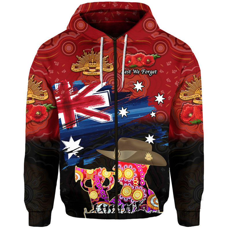 Australia Aboriginal ANZAC Zip Up And Pullover Hoodie Remembrance Vibes - Red LT8