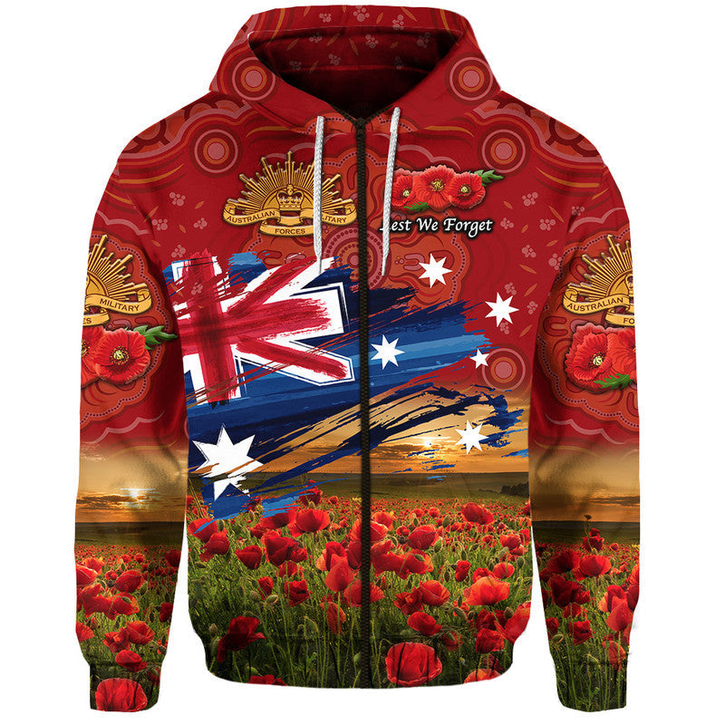 Australia Aboriginal ANZAC Zip Up And Pullover Hoodie Poppy Vibes - Red LT8