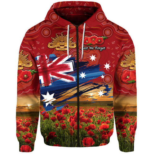 Australia Aboriginal ANZAC Zip Up And Pullover Hoodie Poppy Vibes - Red LT8