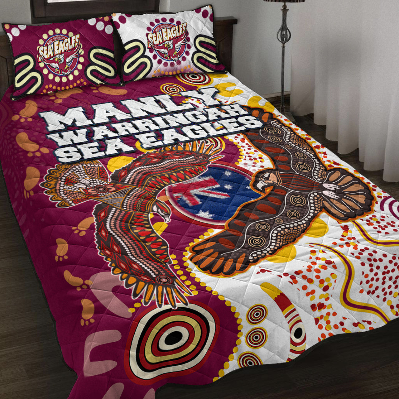 sea-eagles-aboriginal-rugby-quilt-bed-set-double-sea-eagles-with-tribal-sun-and-footprints