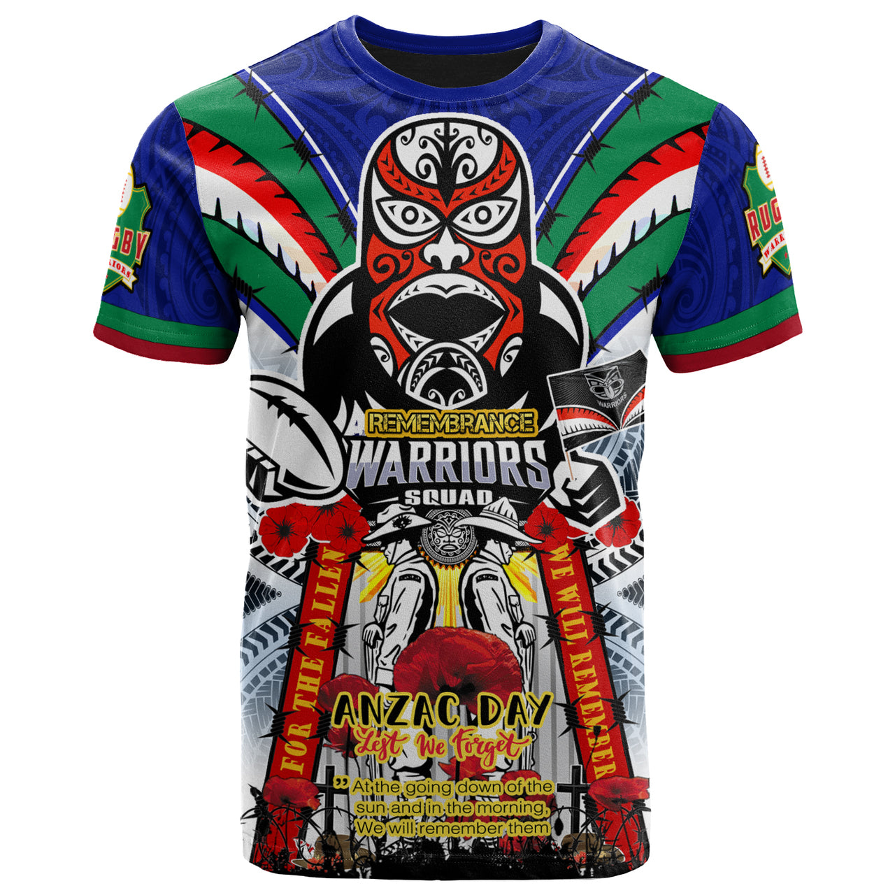 warriors-rugby-custom-anzac-t-shirt-remembrance-warriors-with-maori-mask-and-aboriginal-patterns-home-and-away