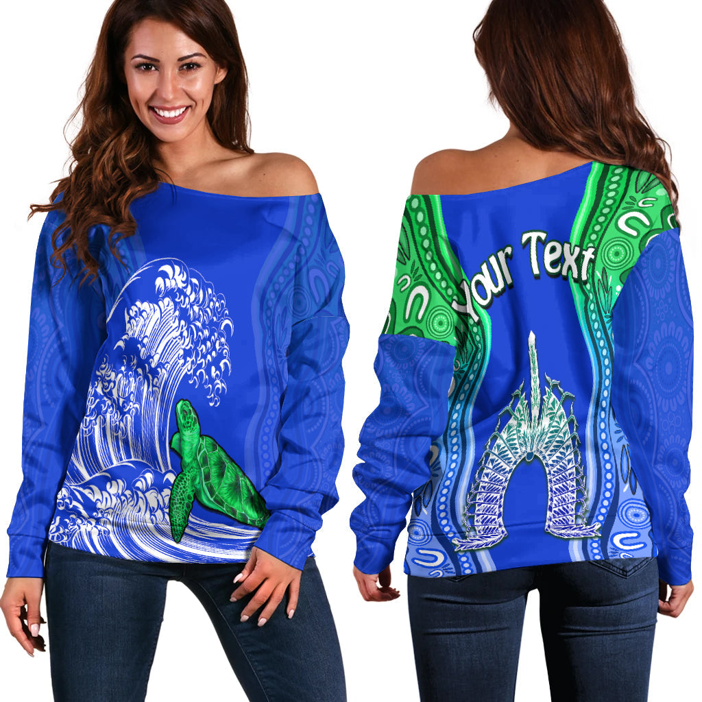 custom-personalised-torres-strait-islands-off-shoulder-sweater-the-dhari-mix-aboriginal-turtle-version-blue