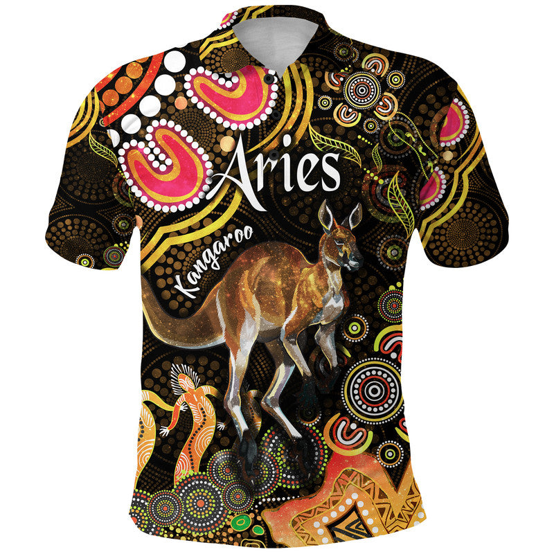 custom-personalised-australian-astrology-polo-shirt-aries-kangaroo-zodiac-aboriginal-vibes-gold